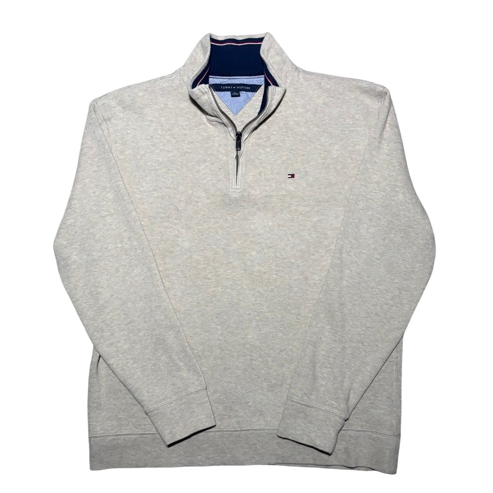 Tommy Hilfiger Quarter Zip Oatmeal Grey Cotton Pullover Sweater Mens Size XL